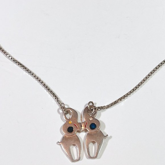 VINTAGE Lucky Kissing Elephants Necklace 925 Silver - Chain 17" Inch Included - Picture 2 of 12